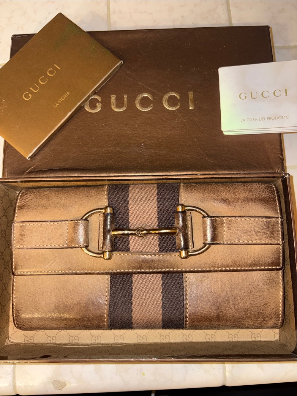 Gucci Bronze Metallic Leather Horsebit Wallet with Brown Stripe